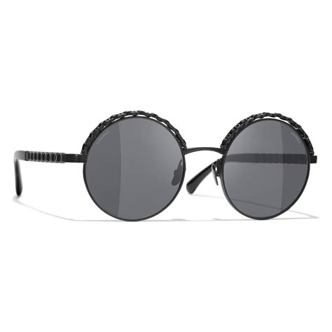 Round Sunglasses Metal & Calfskin Black. Lenses: Grey 